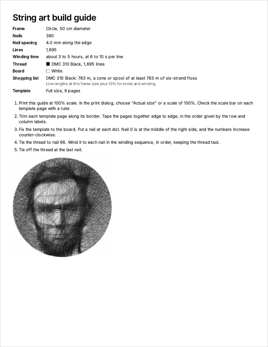 First page of a guide: frame, nails, lines, thread and a preview