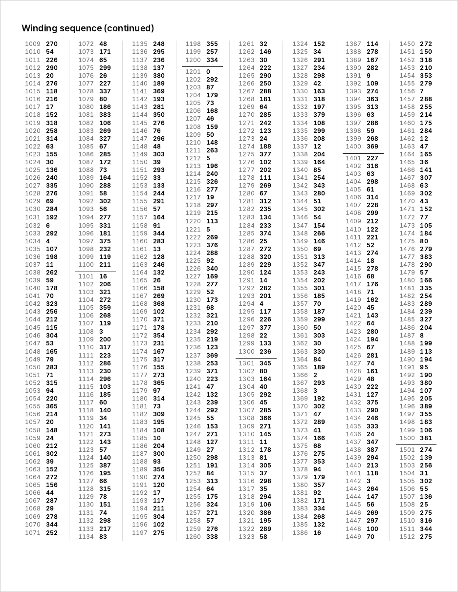 A winding sequence page listing step numbers and nail numbers